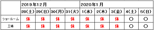 年末年始営業日のお知らせ