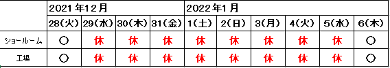 年末年始営業日のご案内